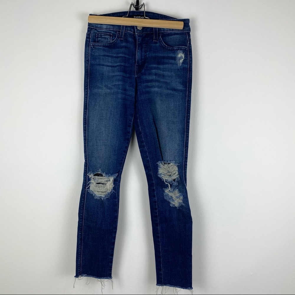 Bebe dark wash skinny ankle jeans distressed sz 24